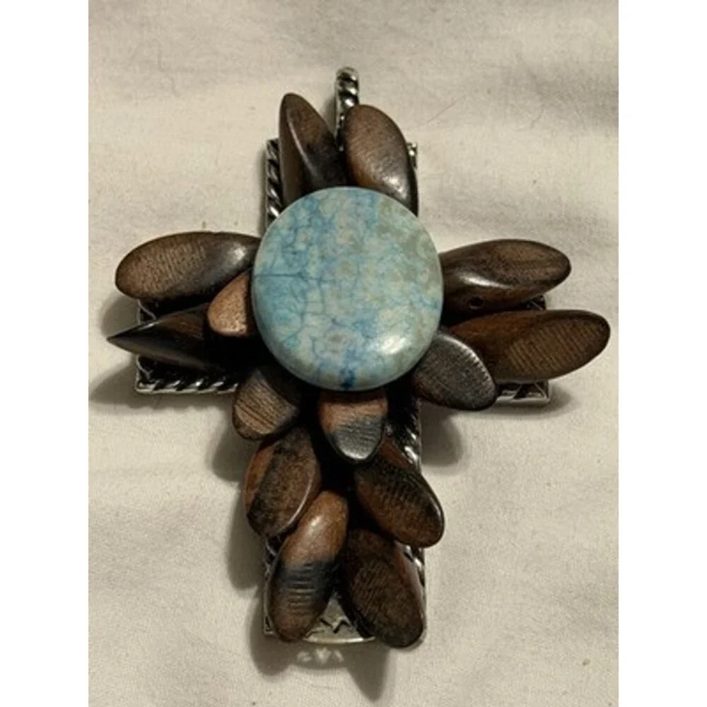 VINTAGE SILVER TONE CROSS SHAPED PENDANT ACRYLIC MULTICOLORED STONE ACCENTS